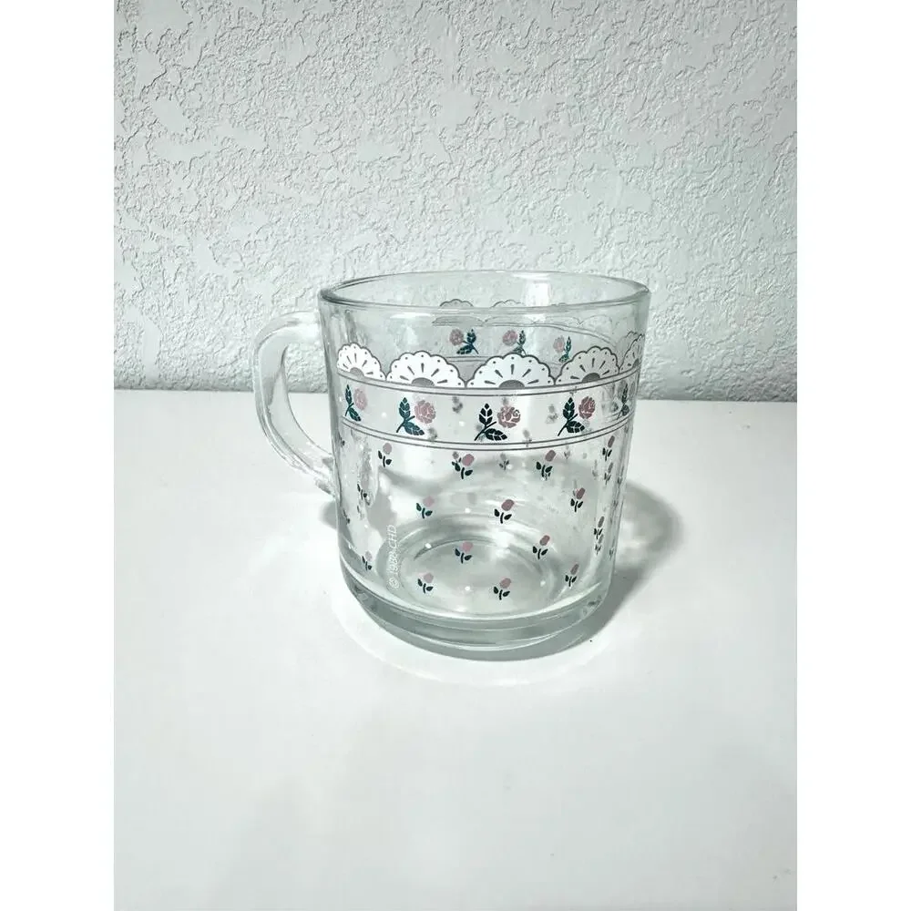 Vintage Anchor Hocking Clear Mug Glass Pink Roses Lace Design Floral with Handle - Picture 2 of 7